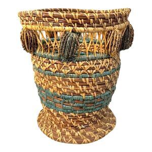 Vintage Bohemian Woven Basket Pine Needle Straw Raffia Greenl Accents Pen Holder